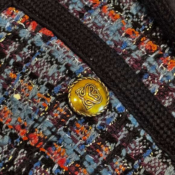 Sandro Women’s Tweed Bouclé Jacket M Blue Plaid Gold Buttons Preppy Classic Chic - Picture 11 of 14